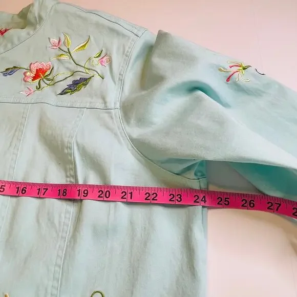 Quacker Factory Aqua Blue Floral Multicolor Embroidery Mock Neck Jacket Women 1X - Picture 13 of 14